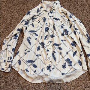 Cream Button-Down Shirt with Navy Floral Print - H bar C